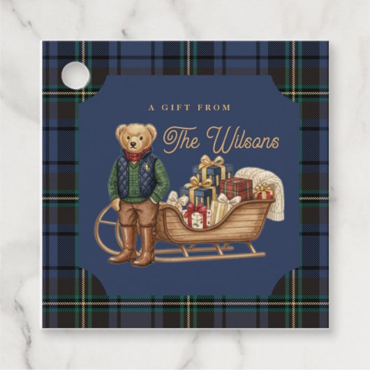 Luxe Preppy Plaid Christmas Teddy Bear Photo Card Geschenkanhänger (Vorderseite)