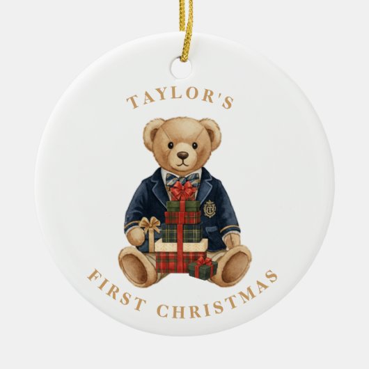 Luxe Preppy Plaid Teddy Bear | 1st Christmas Keramik Ornament (Vorne)