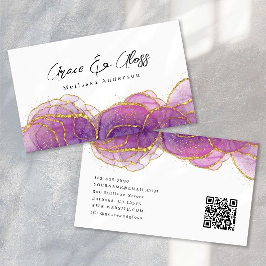 Luxe Purple Gold Glitter Nagelstudio QR Code Visitenkarte