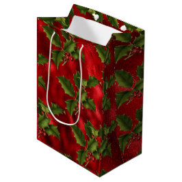 Luxe Red Foil, Green Holly Red Berries Mittlere Geschenktüte