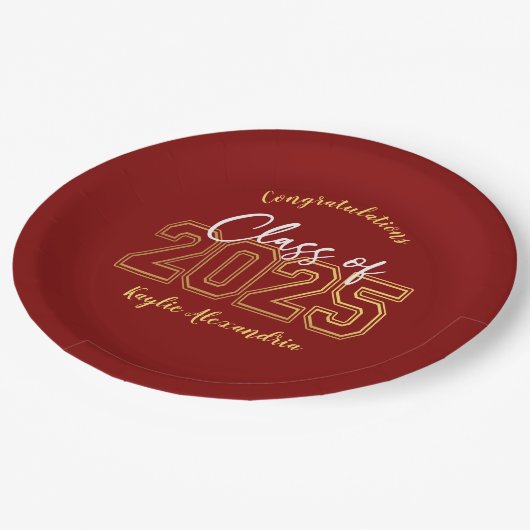 Luxe Red & Gold Graduation Party Teller (Schrägansicht)