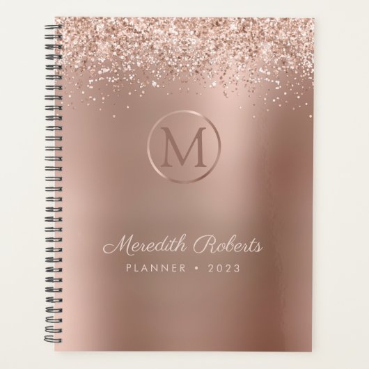 Luxe Rose Gold Blush Glitzer Metallic Monogram Planer (Vorderseite)
