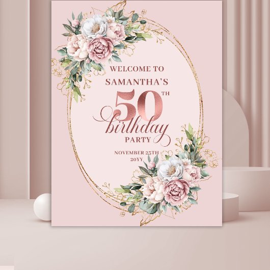 Luxe Rose Gold Botanical 50th Birthday Party Banne Wandteppich