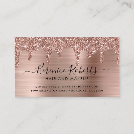 Luxe Rose Gold Glitzer Tropfen Brushed Metal Visitenkarte (Vorderseite)