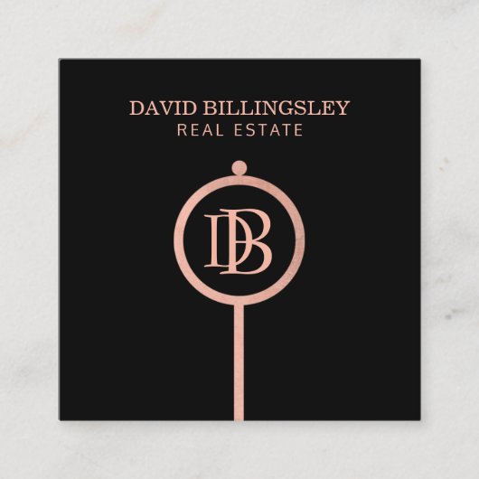 Luxe Rose Gold Skeleton Key Monogram Realtor Quadratische Visitenkarte (Vorderseite)