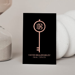 Luxe Rose Gold Skeleton Key Monogram Realtor Visitenkarte