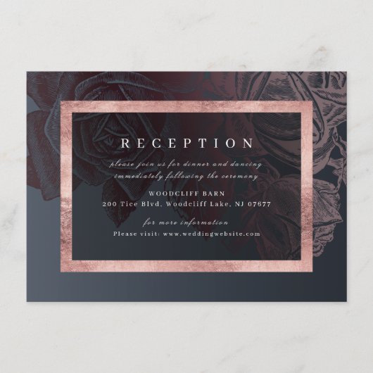 Luxe Rose Gold Vintage Rose Hochzeitsempfang Begleitkarte (Vorderseite)