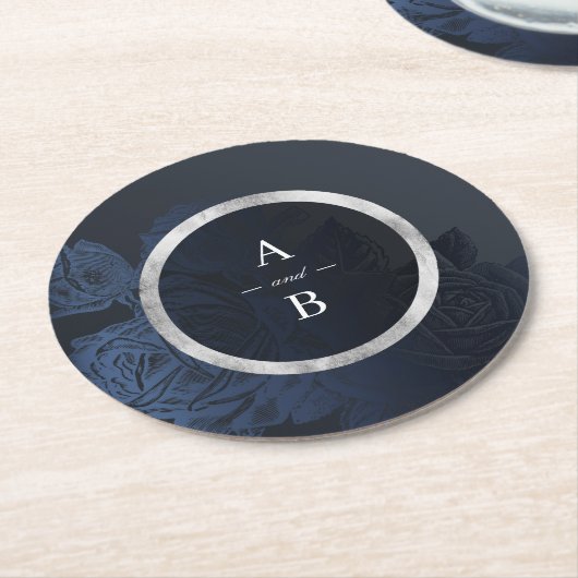 Luxe Rose Marine Vintage botanische Hochzeitmonogr Runder Pappuntersetzer (Angewinkelt)