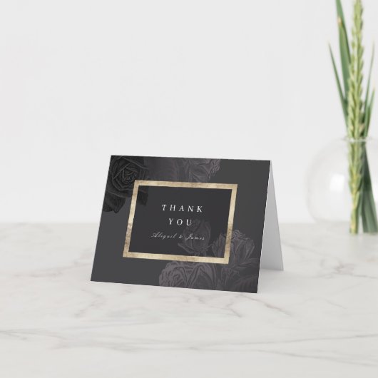 Luxe Rose Schwarzes Gold Vintage botanische Hochze Dankeskarte (Vorderseite)