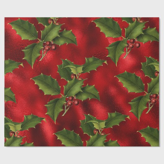 Luxe Rote Imitate Foil, Green Holly, Red Berries Geschenkpapier (Flach)