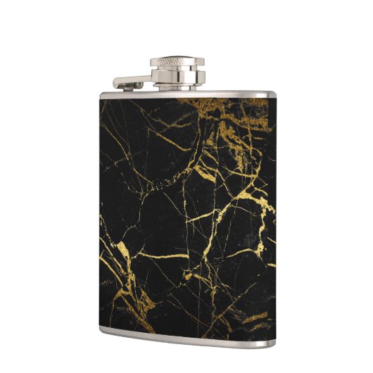 Luxe Schwarz und Gold Marmortextur Flachmann (Links)
