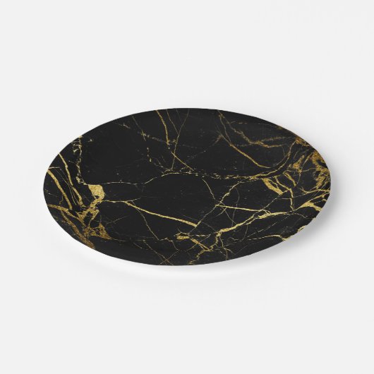 Luxe Schwarz und Gold Marmortextur Pappteller (Schrägansicht)