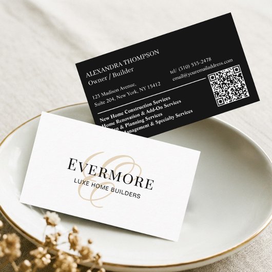 Luxe Schwarz Weiß Monogramm Home Contractor QR Cod Visitenkarte