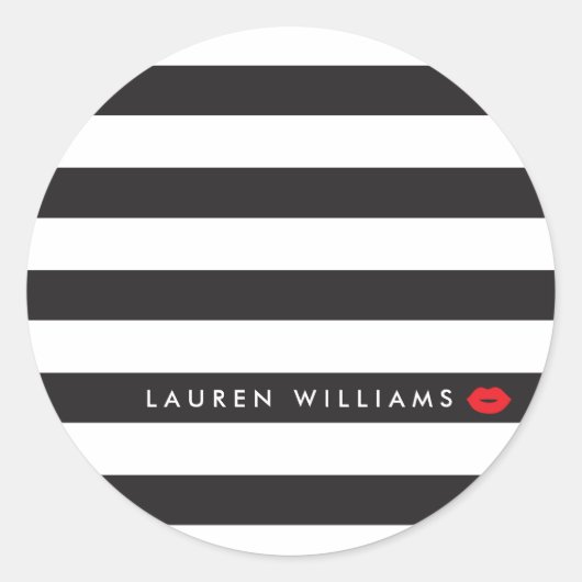 Luxe Schwarz/Weiße Streifen Rote Lippen Makeup Kün Runder Aufkleber (Vorderseite)