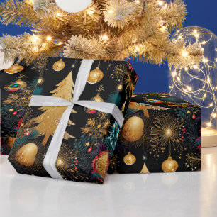 Luxe Schwarzer Goldener Weihnachtsbaum Botanisch Geschenkpapier
