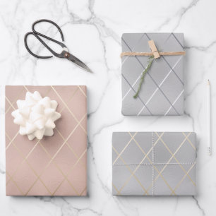 Luxe Silber und Rose Gold mit glatter Diagonallini Geschenkpapier Set