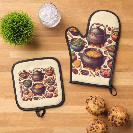 Luxe Silver Oven Mitt mit "CAMADO" Design Ofenhandschuh & Topflappen-Set (Oben Unten)