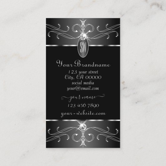 Luxe Silver Schwarz-weiße Verzierte Ornamente Mono Visitenkarte (Rückseite)