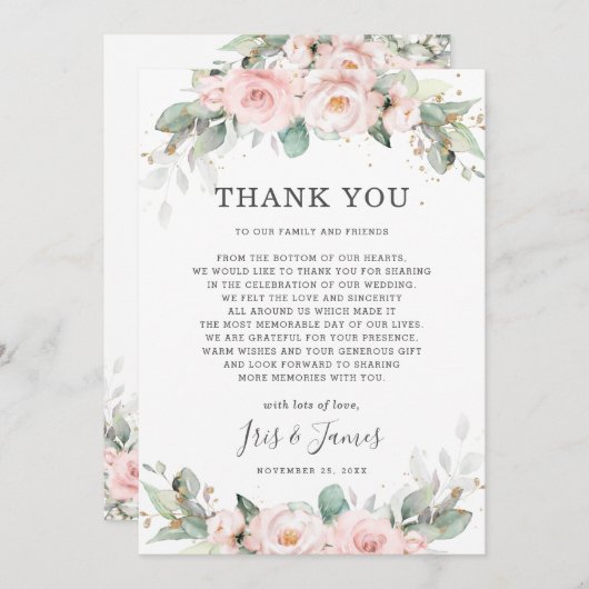 Luxe Soft Hued Blush Pink Blumengrün Hochzeit Dankeskarte (Vorne/Hinten)