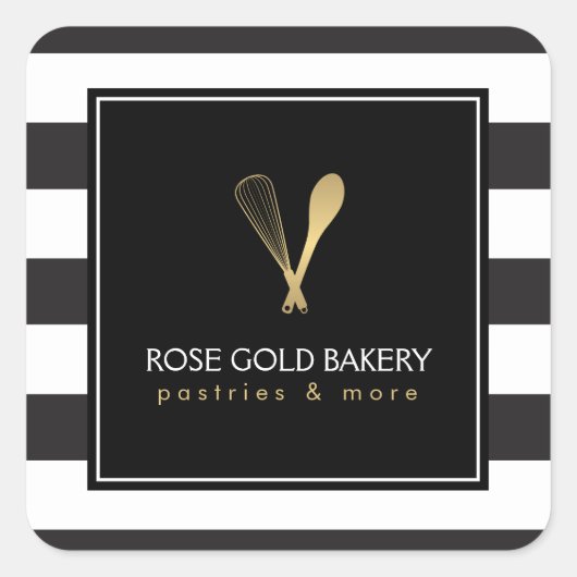 Luxe Striped Gold Whisk Spoon Logo Bakery, Koch Quadratischer Aufkleber (Vorderseite)