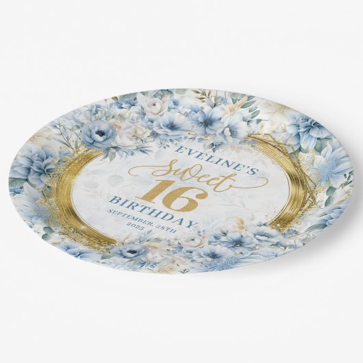 Luxe Sweet 16 Dusty Blue Gold Glitzer Table Teller (Schrägansicht)