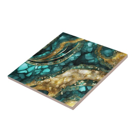 Luxe Teal Turquoise Liquid Gold Marble Agate Geode Fliese (Seite)