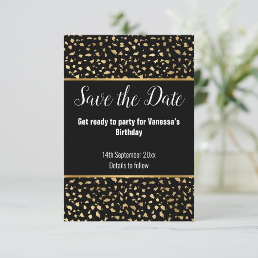 LUXE TIERDRUCKER SCHWARZER GLITZER SAVE THE DATE RSVP KARTE (Stehend Vorderseite)