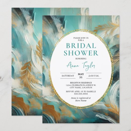 Luxe Turquoise Gold Brushstroke Bridal Shower Einladung (Vorne/Hinten)