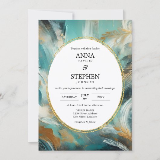 Luxe Turquoise Gold Brushstroke Wedding Einladung (Vorderseite)