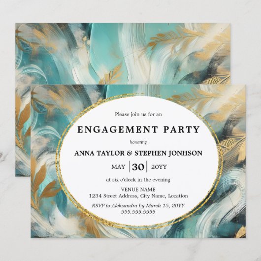 Luxe Turquoise Gold Brushstrokes Engagement Party Einladung (Vorne/Hinten)