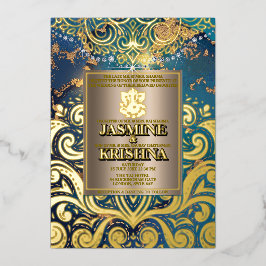 LuxGlitter Blue Gold Hindu Ganesha Indian Wedding Folieneinladung