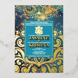 LuxGlitter Blue Gold Hindu Ganesha Indian Wedding Folieneinladung