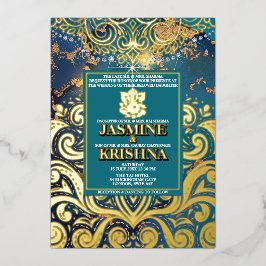 LuxGlitter Blue Gold Hindu Ganesha Indian Wedding Folieneinladung