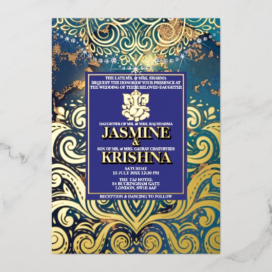 LuxGlitter Blue Gold Hindu Ganesha Indian Wedding Folieneinladung (Vorderseite)