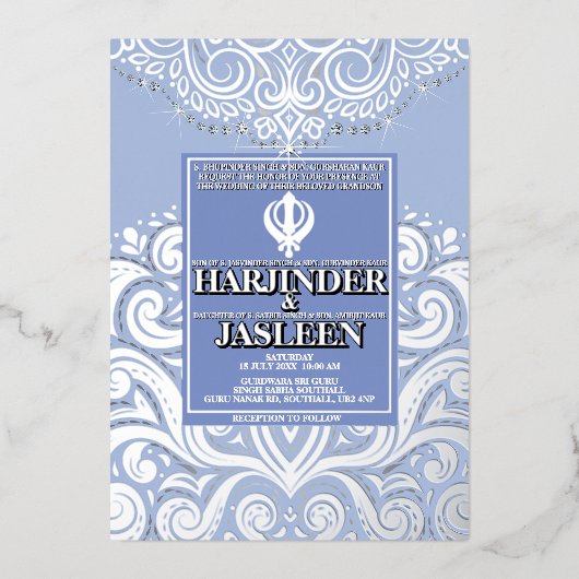 LuxGlitter Blue Silver Sikh Anand Karaj Wedding Folieneinladung (Vorderseite)