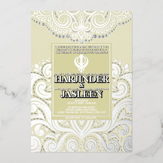 LuxGlitter Ivory Silver Sikh Anand Karaj Wedding Folieneinladung (Vorderseite)