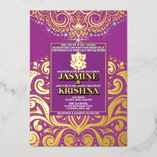 LuxGlitter Lila Ganesha Hindu Wedding Folieneinladung