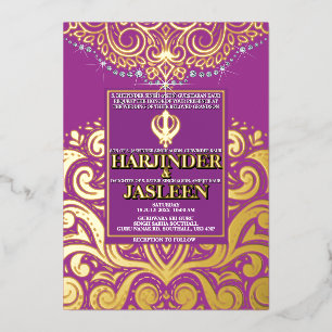 LuxGlitter Lila Gold Sikh Anand Karaj Hochzeit Folieneinladung