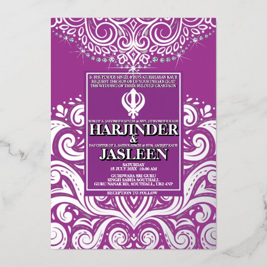 LuxGlitter Lila Silver Sikh Anand Karaj Wedding Folieneinladung (Vorderseite)