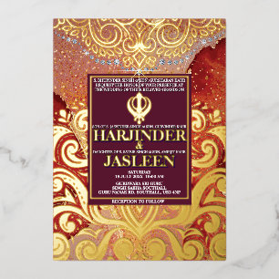 LuxGlitter Maroon Red Sikh Anand Karaj Wedding Folieneinladung
