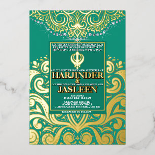 LuxGlitter Pfau Gold Sikh Anand Karaj Hochzeit Folieneinladung