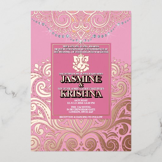 LuxGlitter Pink PinkGold Ganesha Hindu Wedding Folieneinladung (Vorderseite)