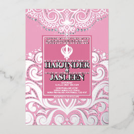 LuxGlitter Pink Silver Sikh Anand Karaj Wedding Folieneinladung