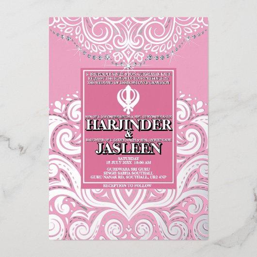 LuxGlitter Pink Silver Sikh Anand Karaj Wedding Folieneinladung (Vorderseite)
