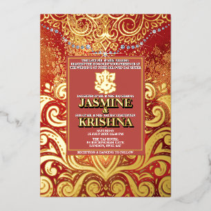 LuxGlitter Red Gold Hindu Ganesha Indian Wedding Folieneinladung