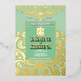 LuxGlitter Sage Green Gold Ganesha Hindu Wedding Folieneinladung