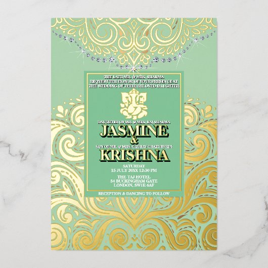 LuxGlitter Sage Green Gold Ganesha Hindu Wedding Folieneinladung (Vorderseite)