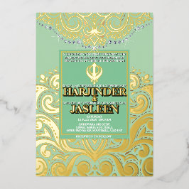 LuxGlitter Sage Green Gold Sikh Anand Karaj Weddin Folieneinladung