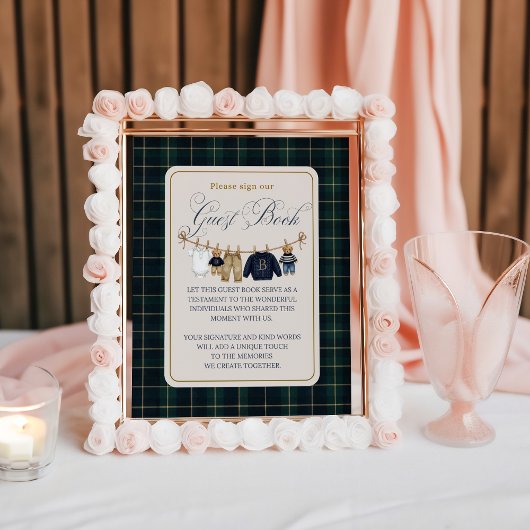Luxsary  Bear Plaid Baby Shower Guest Book Poster