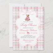 Luxsary Teddy Bear Pink Plaid Baby Girl Shower  Einladung (Vorderseite)